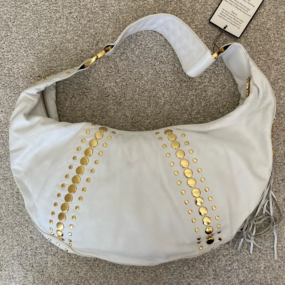 NWT ✨ Y2K Junior Drake White Leather Gold Studded Hobo Handbag Purse Bag